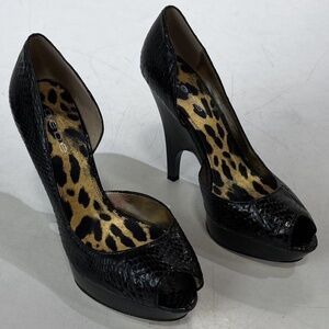 Bebe Black Snakeskin Peep Toe Platform Heels